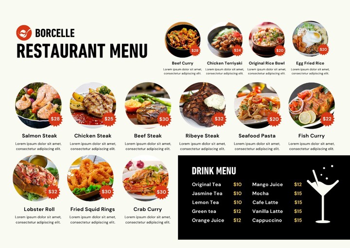 Food menu's for restaurants and caffee's