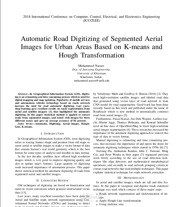 Automatic Road Digitizing of Segmented Aerial Images for Urban Areas Based on K-means and Hough Transformation