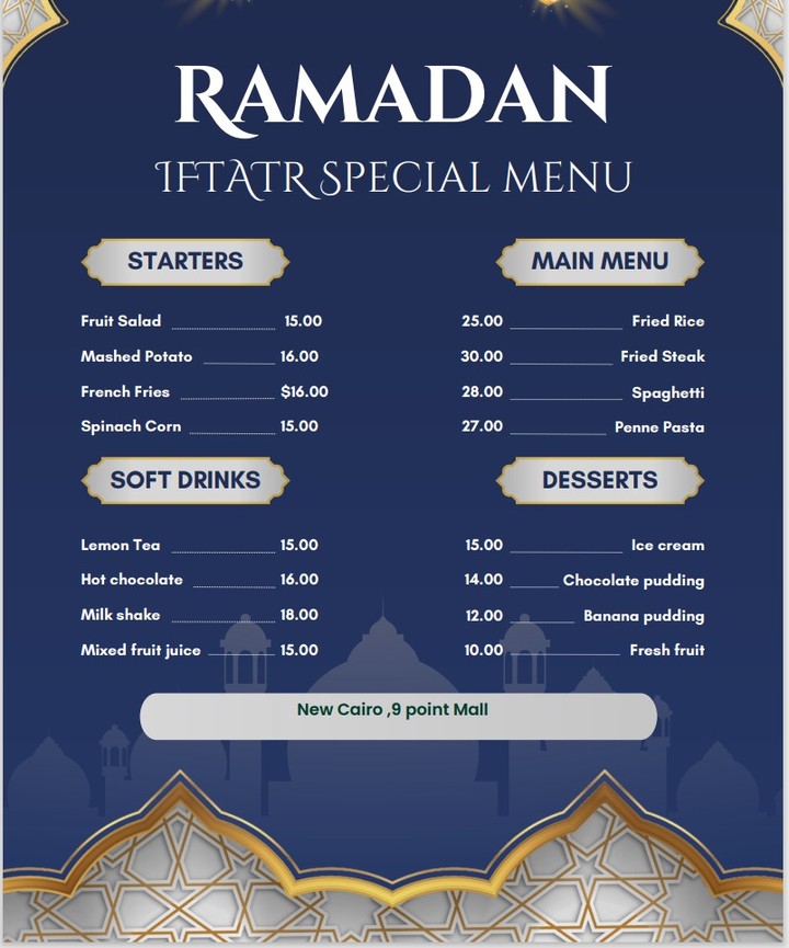 Ramadan Menu for a Local restaurant