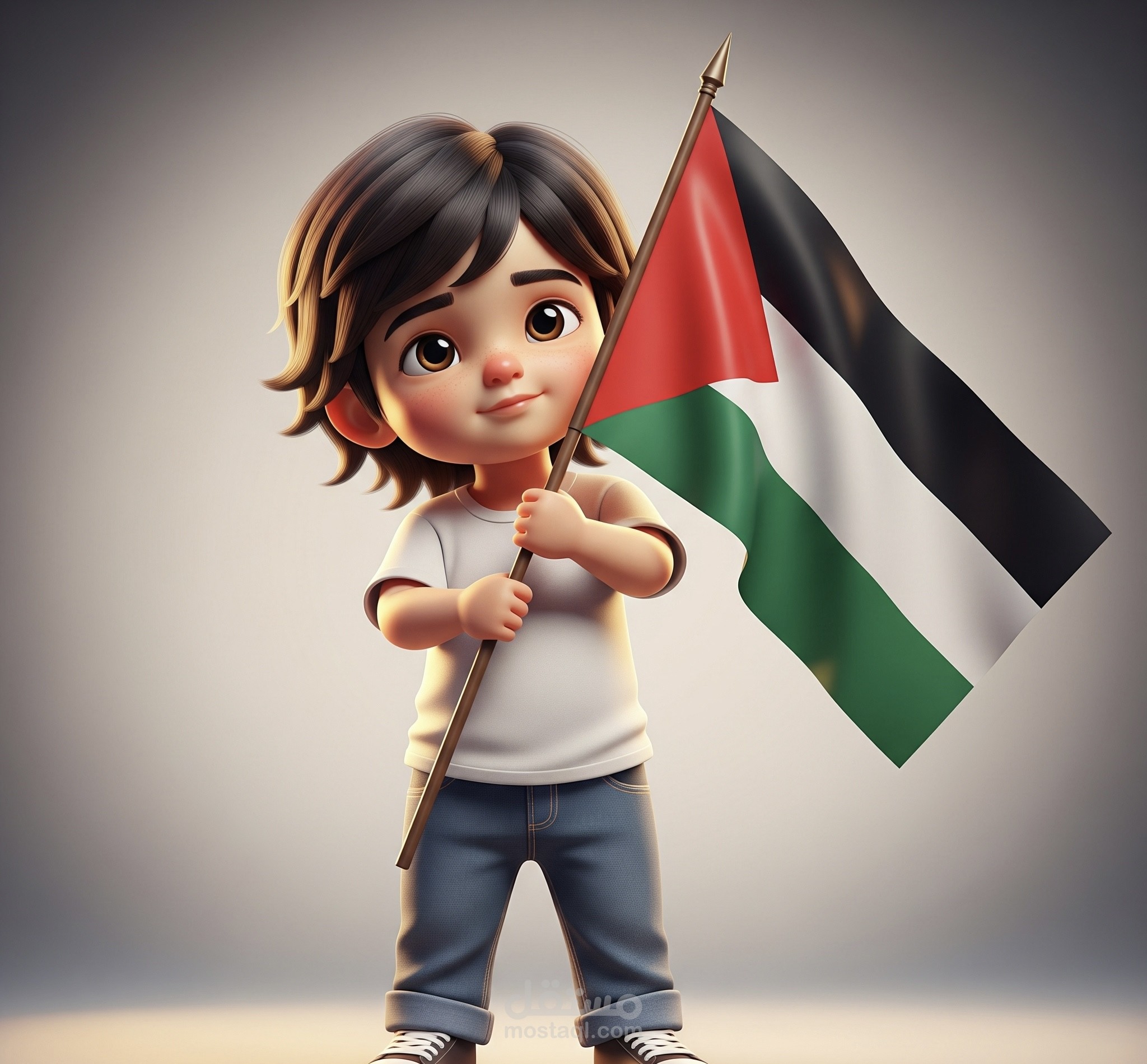 تصميم صورة 3D لطفل يحمل شعار فلسطين