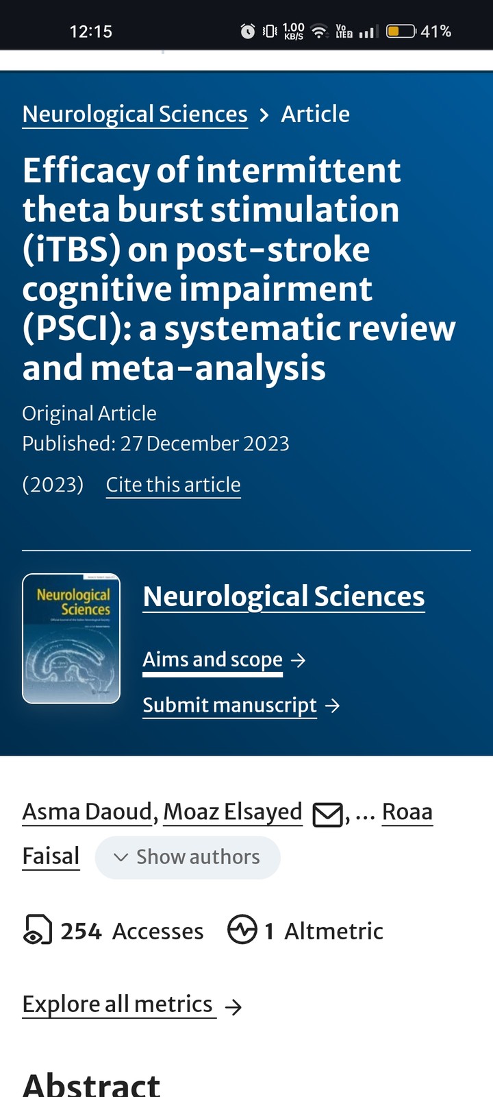 بحث علمي منشور في مجلة بعنوان Efficacy of intermittent theta burst stimulation (iTBS) on post-stroke cognitive impairment (PSCI)