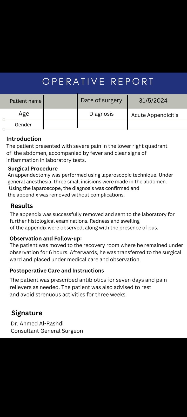 Arabic into English translation of a surgical report