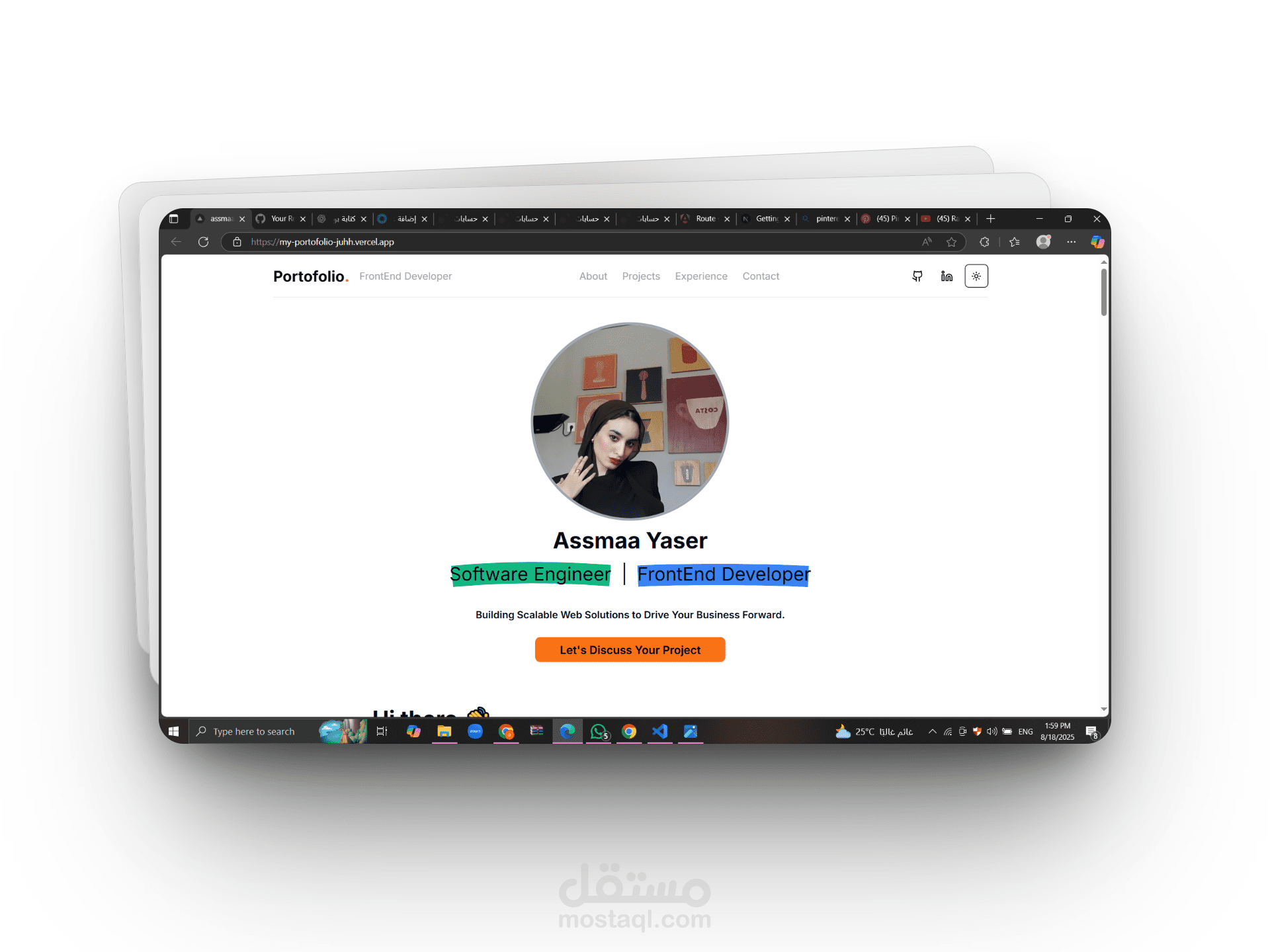 موقع شخصي (Portfolio) صممته ليكون واجهة تعريفية أنيقة تُظهر مهاراتك ومشاريعيك في تطوير الويب الموقع مبني باستخدام Next.js و React و Tailwind CSS مع تصميم متجاوب يضمن تجربة سلسة على جميع الأجهزة.