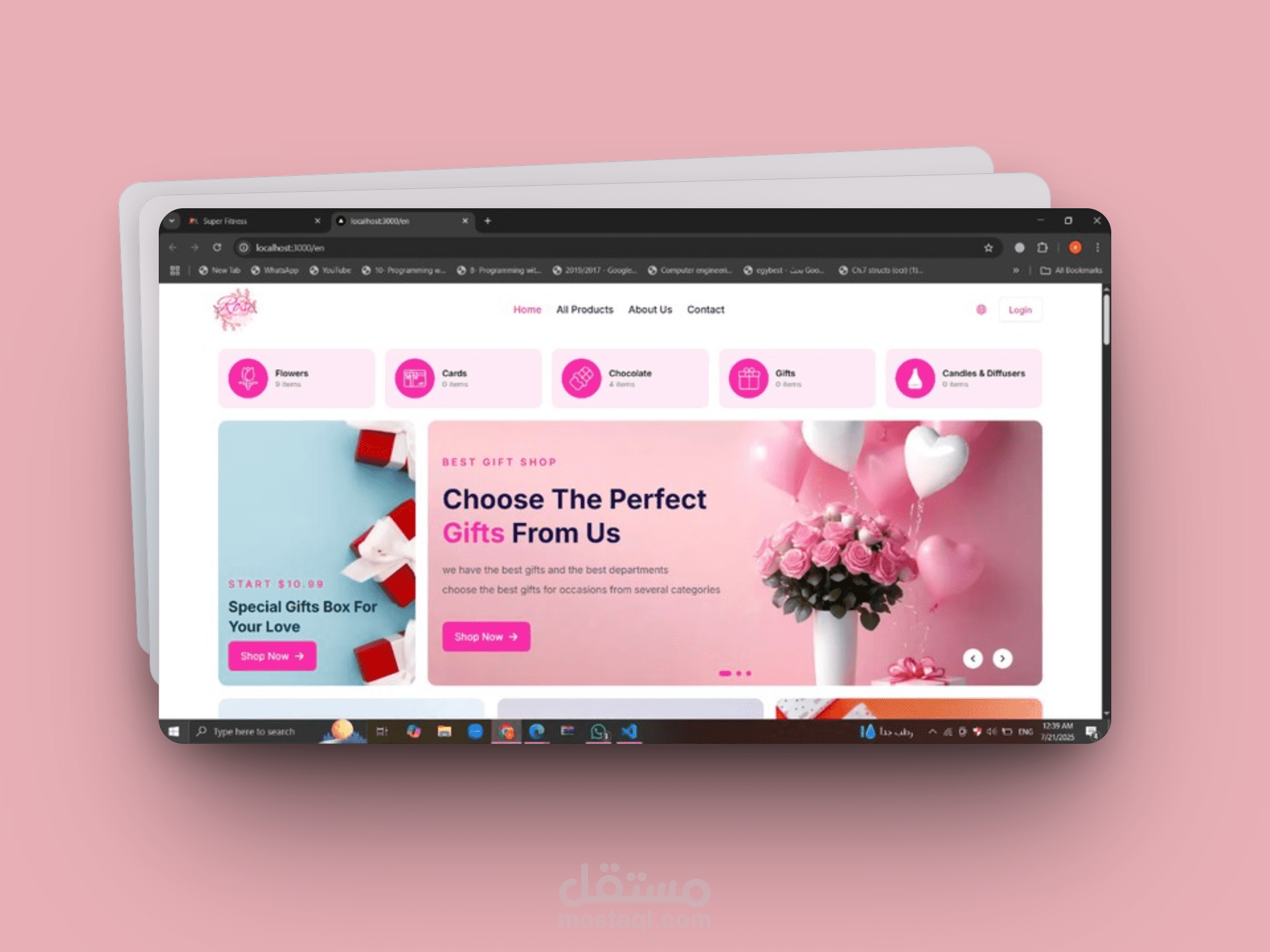 متجر إلكتروني للزهور والهدايا عبر الإنترنت، مبني بـ Next.js و React و Tailwind CSS مع تصميم متجاوب. يدعم عرض المنتجات والسلة والدفع عبر RESTful APIs مع تجربة مستخدم سلسة وجذابة.