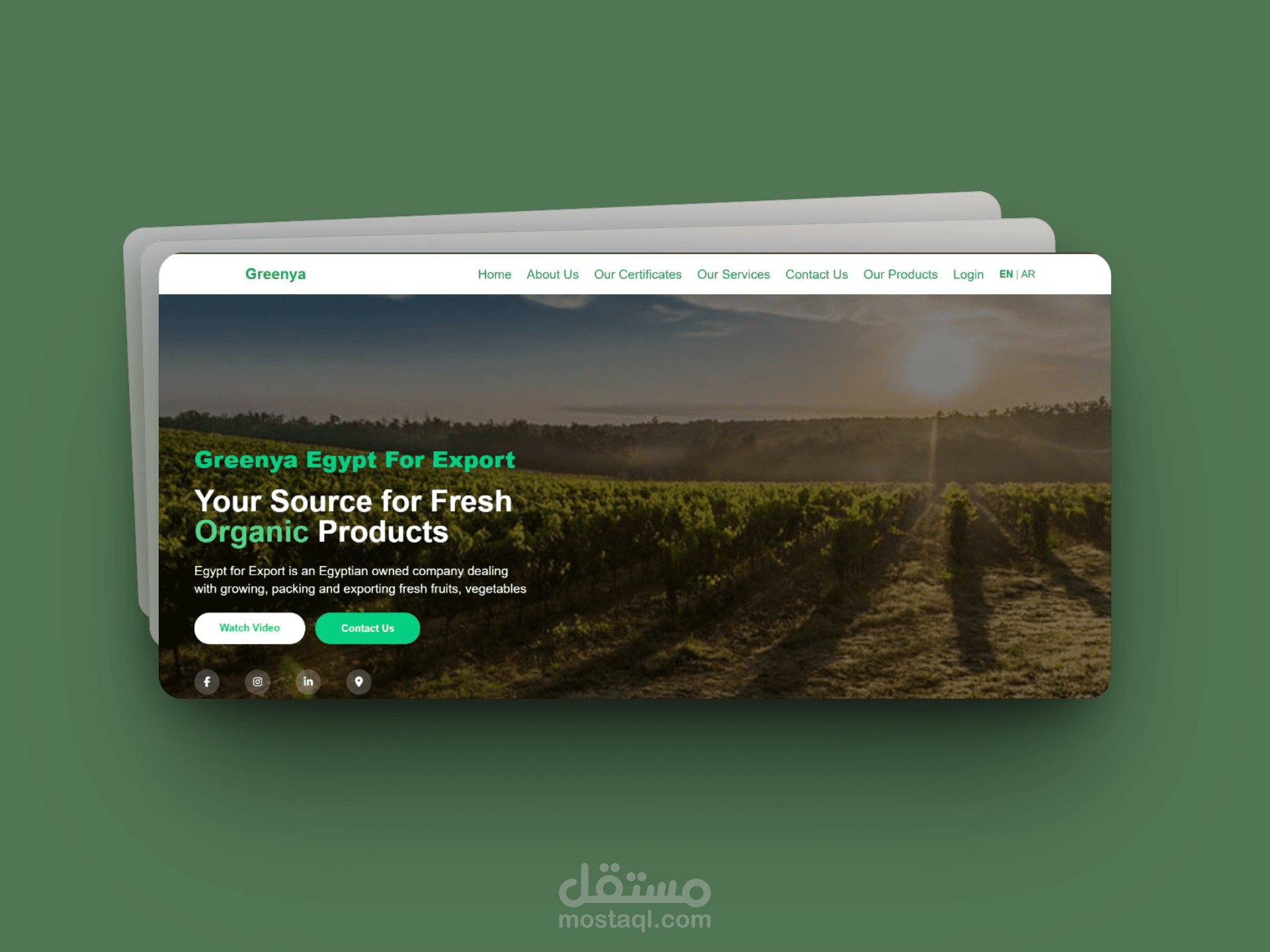 Greenya Farm هو موقع تعريفي زراعي يعرّف بخدمات ومنتجات المزرعة. تم تطويره باستخدام Laravel مع تصميم متجاوب وتجربة استخدام سهلة، مع دعم نظام تعدد اللغات (Localization) ليتناسب مع جمهور مختلف.بالاضافه الي Admin dashboard للتحكم في الموقع