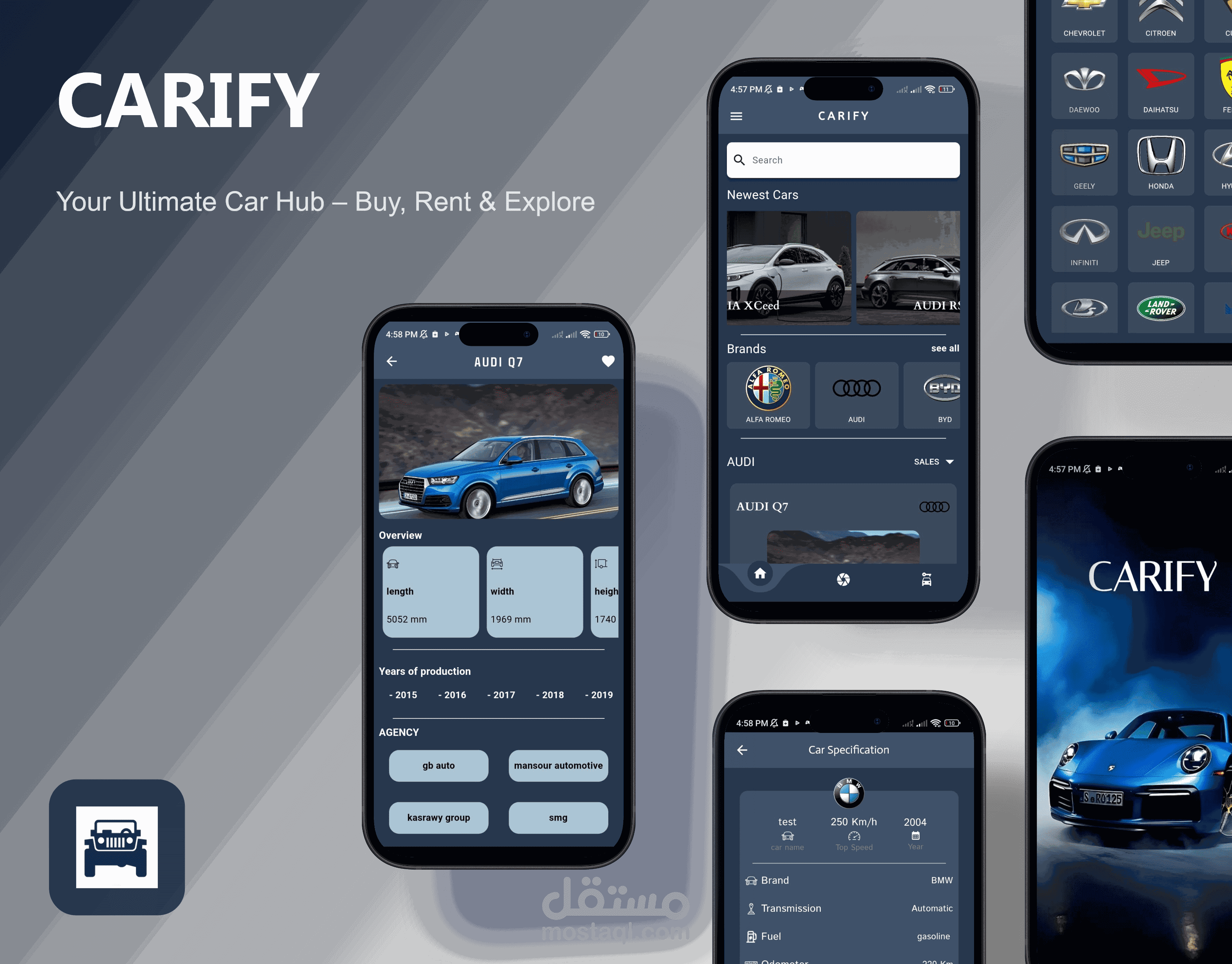 تطوير تطبيق CARIFY لعرض مواصفات السيارات وتقديم خدمات البيع والاستئجار باستخدام الذكاء الاصطناعي