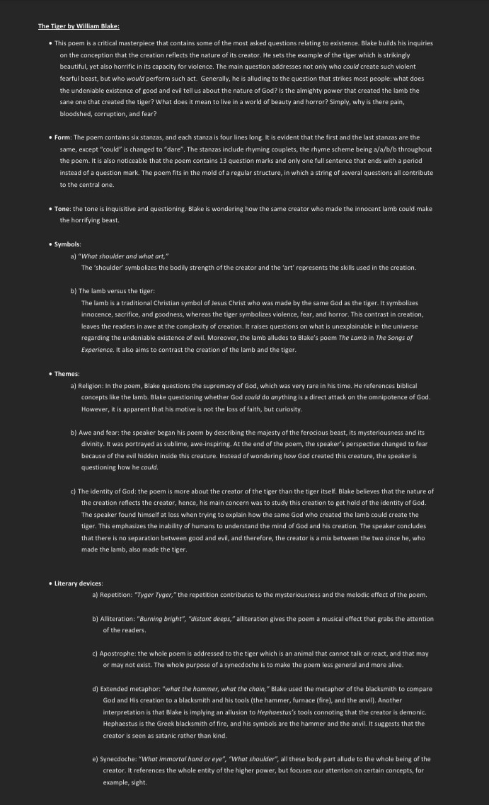 Symbolism, themes and literary devices in poem "The Tyger" by William Blake