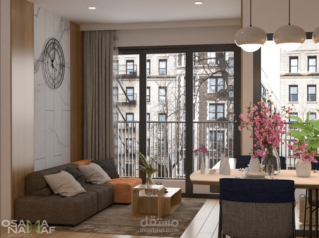 تصميم داخلي معاصر لشقة سكنية بإضاءة طبيعية وأناقة هادئة