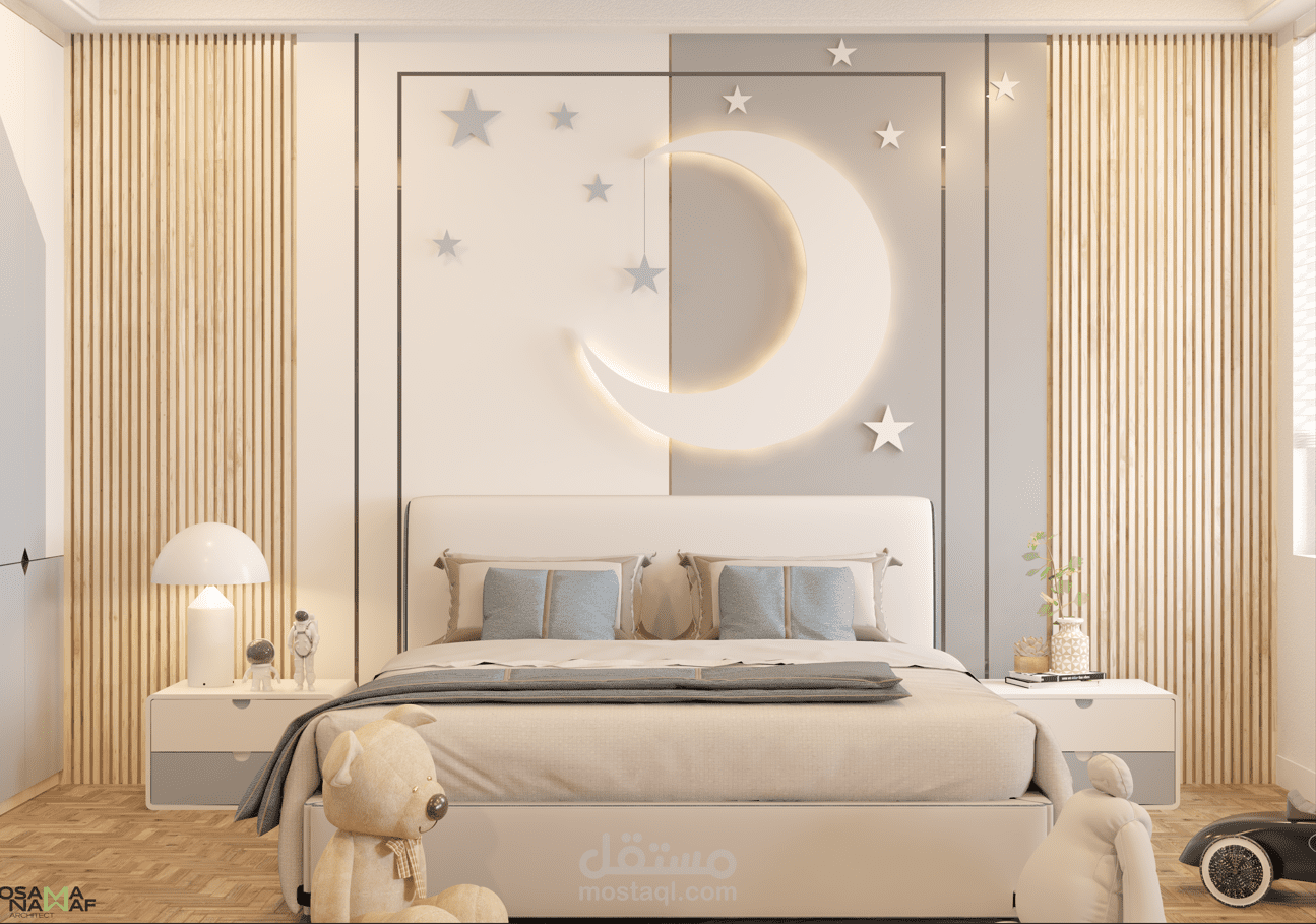 تصميم داخلي لغرفة نوم أطفال مستوحاة من أجواء القمر والنجوم