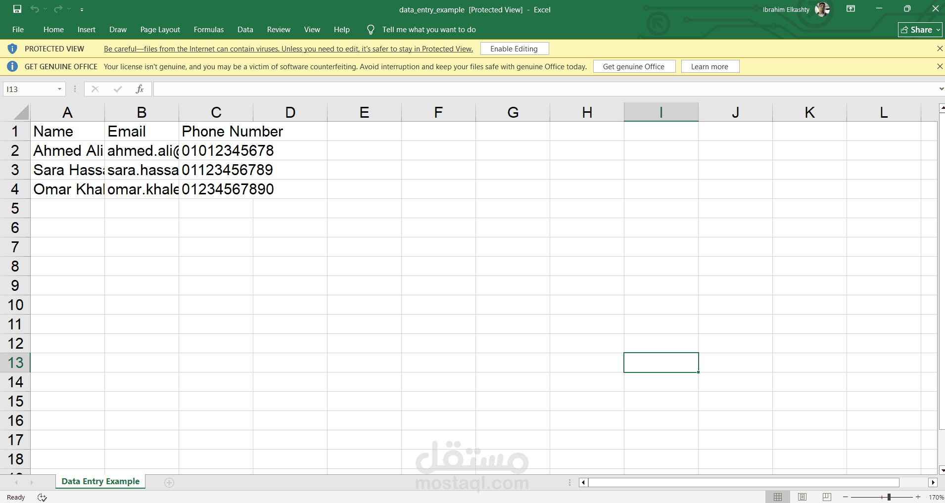 مثال علي ادخال البيانات وتنظيمها في Excel