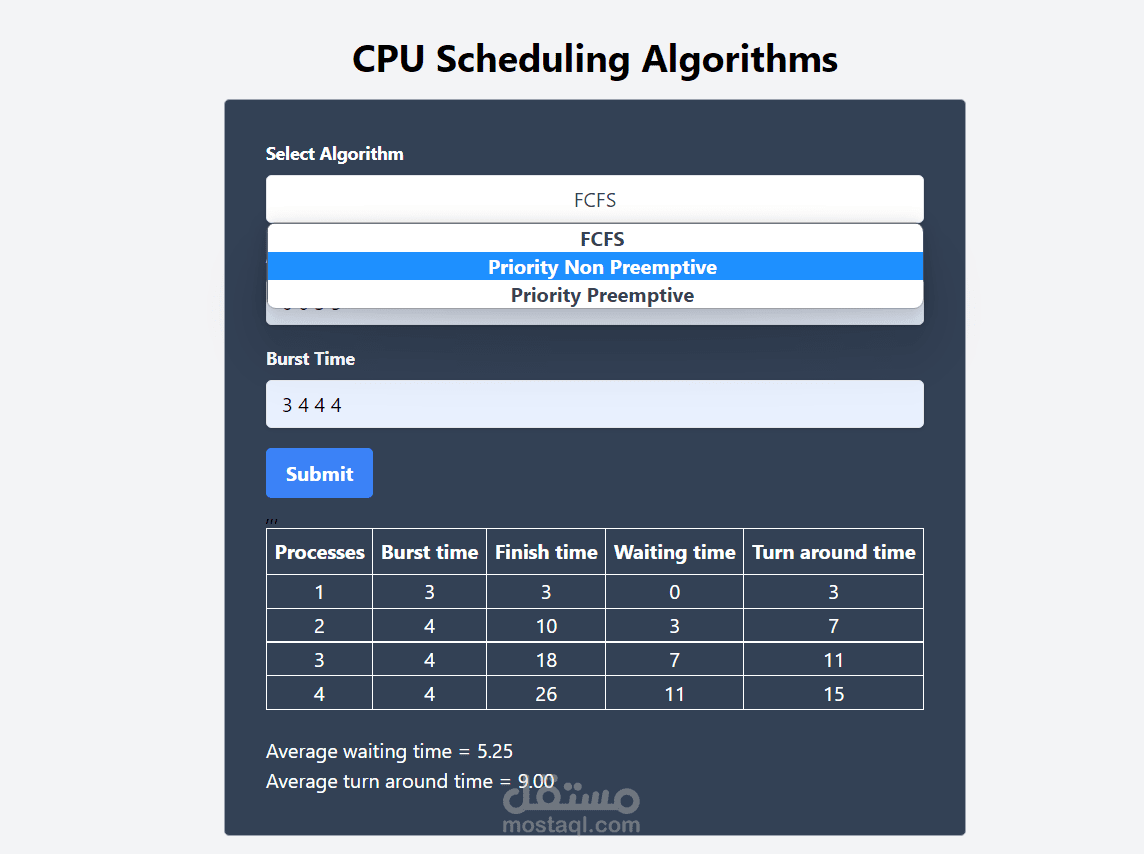 مشروع خوارزميات جدولة المعالج (CPU Scheduling)