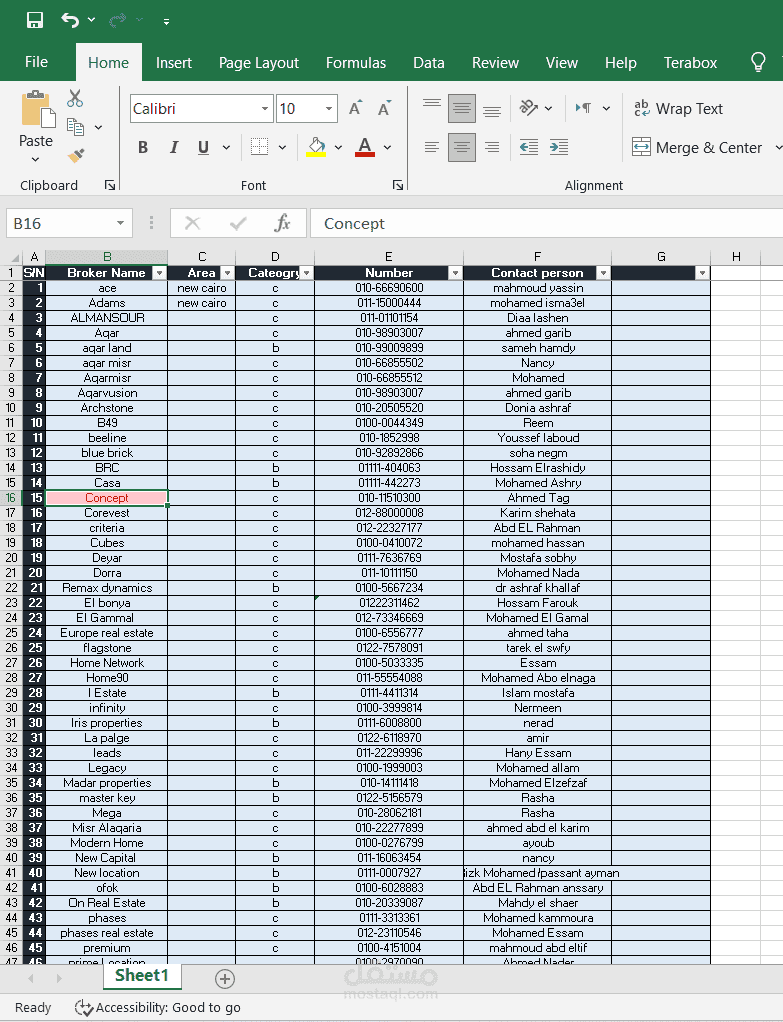 Excel sheet لتجميع بينات شركات تسويق عقاري لصالح شركة تطوير عقاري