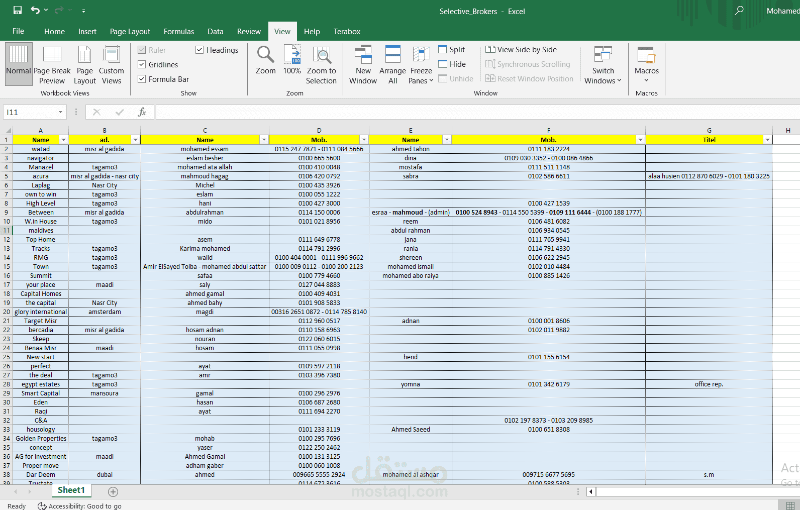 Excel sheet لتجميع بينات شركات تسويق عقاري لصالح شركة تطوير عقاري