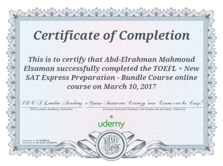 Certificate of TOEFL + New SAT Express Preparation
