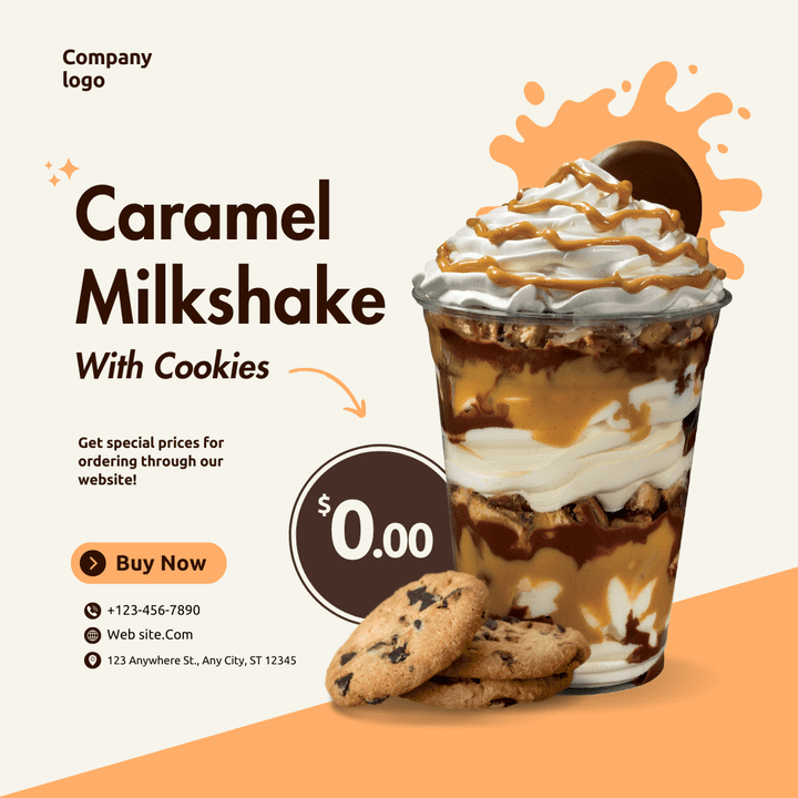 تصميم مشروب يدعي milkshake caramel بإضافة السعر و المعلومات