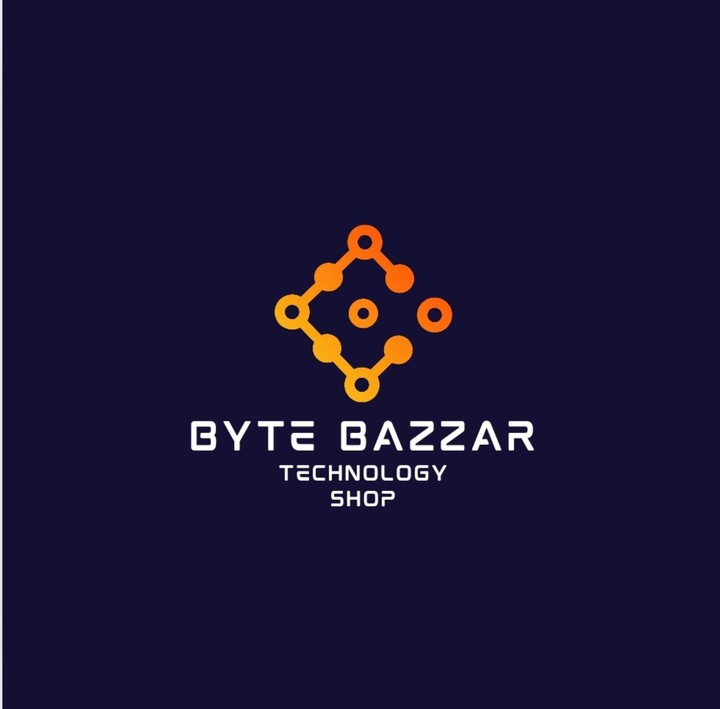 شعار ( بايت بازار) للتكنولوجيا  اسم Byte Bazar بالابيض خلفيه كحلى