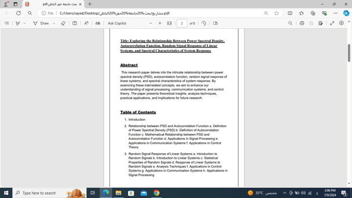 بحث جامعي Exploring the Relationship Between Power Spectral Density, Autocorrelation Function, Random Signal Response of Linear Systems, and Spectral Characteristics of System Response