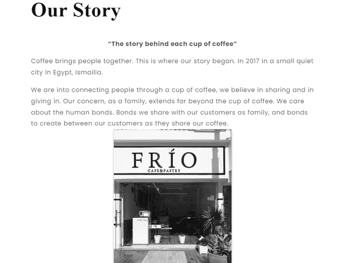 website content for Frio café in Ismailia