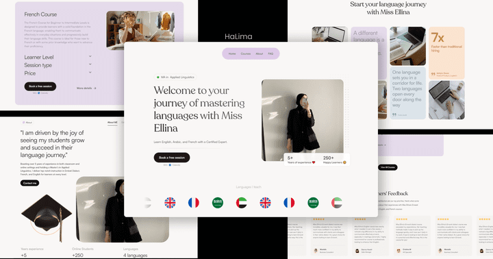 موقع شخصي لاستاذة تعليم اللغات - Miss Ellina على منصة Framer