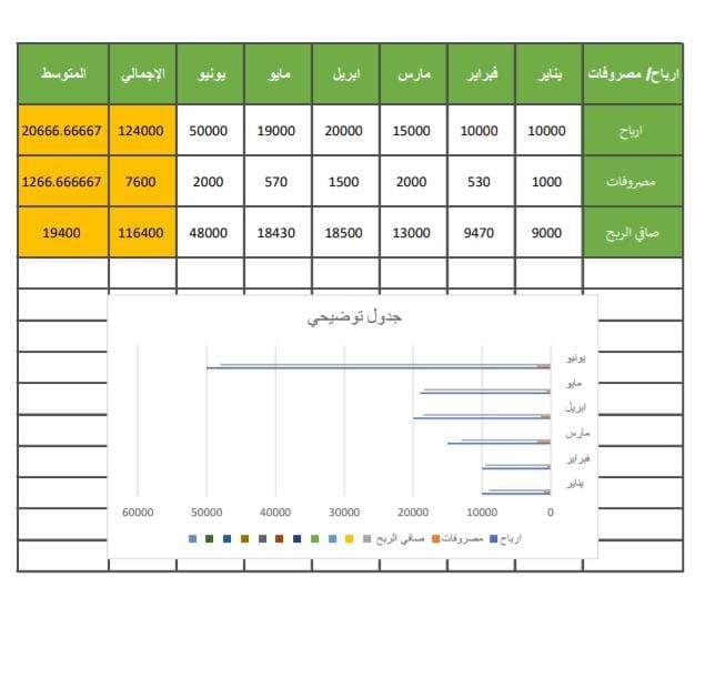 جدول يوضح الأرباح و المصروفات مصنوع بالاكسل