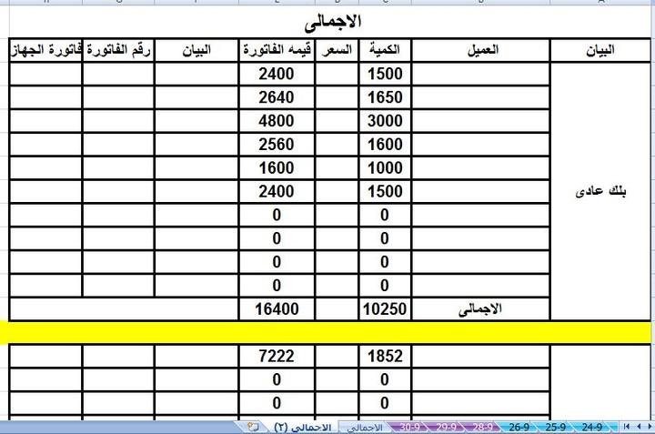 عمل جدول لحصر البلك والهالك والمدخلات والإجمالي