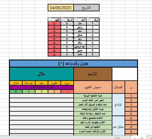 ملف اكسل خاص للتقييم اليومي لموظفي الشركة