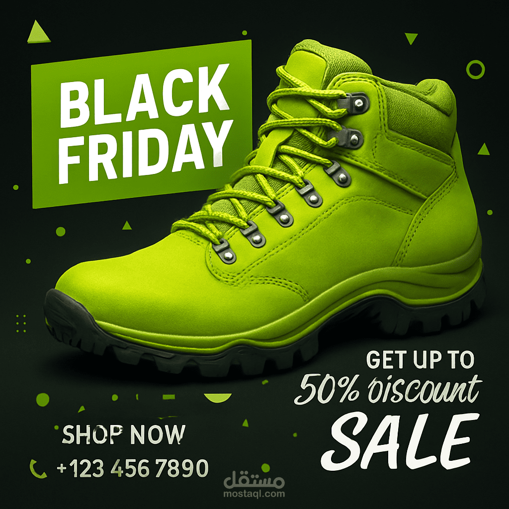 تصميم إعلان تخفيضات Black Friday لعرض الأحذية بأسلوب عصري ملفت