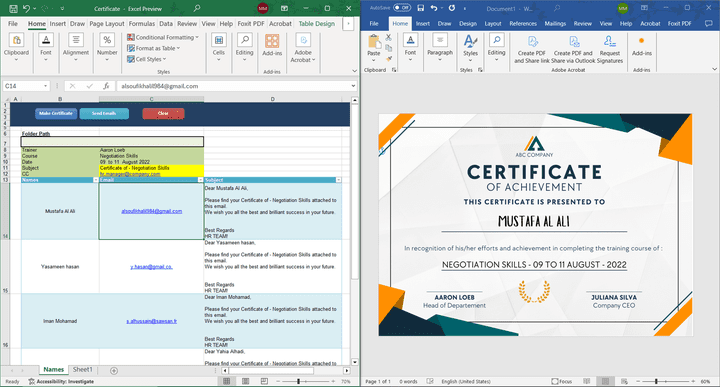 ربط ملف إكسل بملف وورد لإصدار شهادات تدريب تلقائية باستخدام VBA