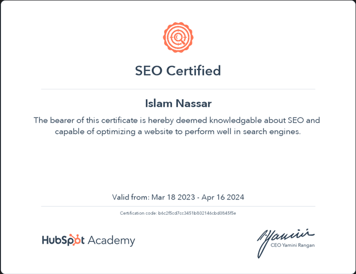 SEO certificate from Hupspot