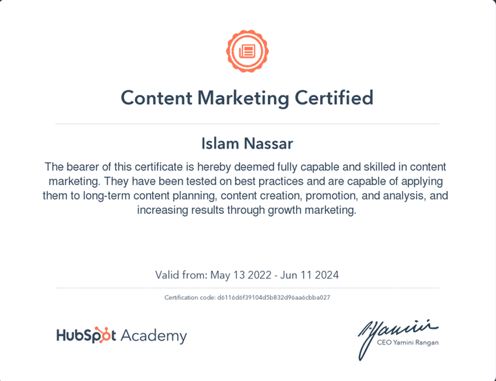 Hubspot Certified Content Marketing Certificate