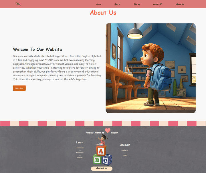 إنشاء صفحة About us على منصة مبتكرة لتعليم الأطفال الحروف الإنجليزية بطريقة ممتعة وتفاعلية باستخدام HTML وCSS