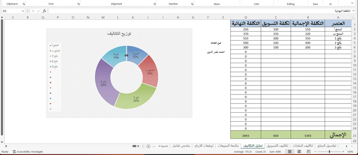 ملف Excel شامل لإدارة تكاليف وتسويق المنتجات