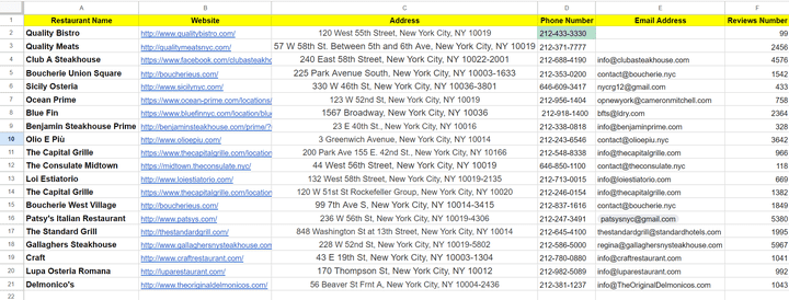 البحث عن مطاعم في نيويورك وكتابة البيانات في Google sheets