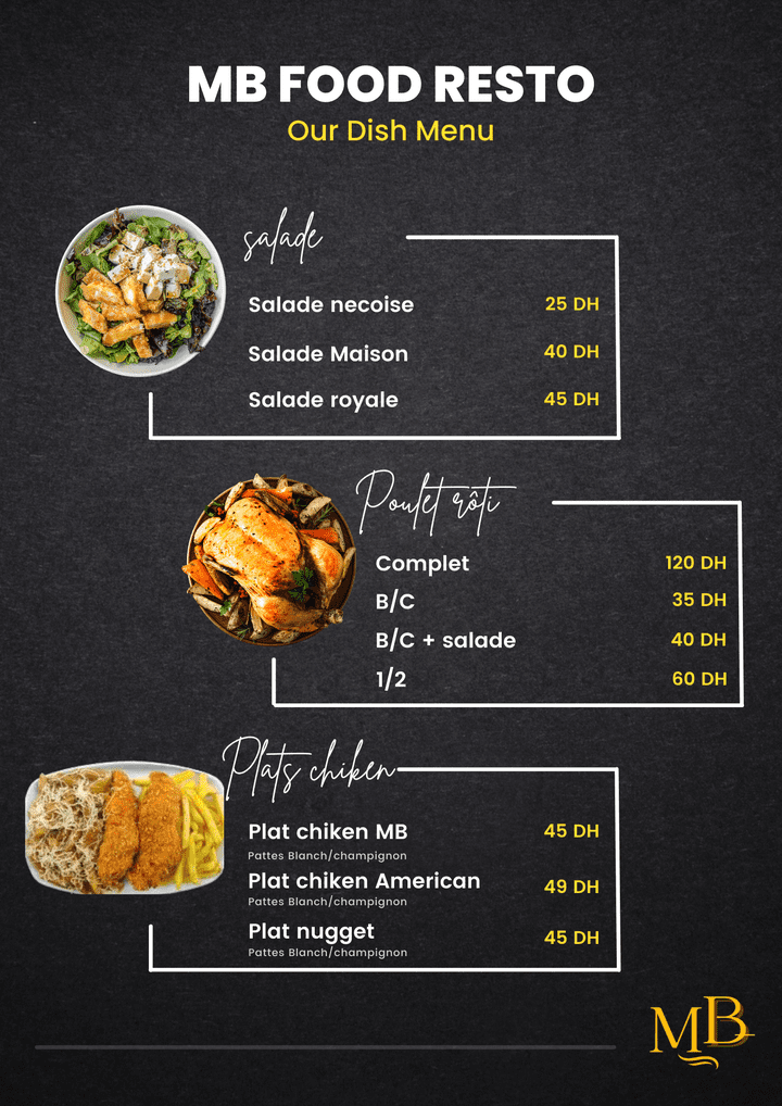 قائمة طعام لمطعم MB