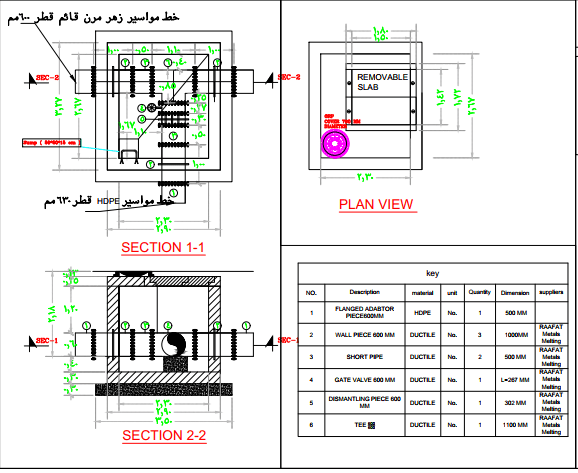 عمل الرسومات التنفيذية لغرفة ربط لخط مياه الشرب قطر 600 مم