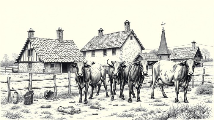 .Delicate illustration of medieval scenes of a farmhouse and village with five cows