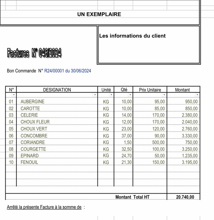 مثال عن فاتورة باللغة الفرنسية بإستخدام Excel