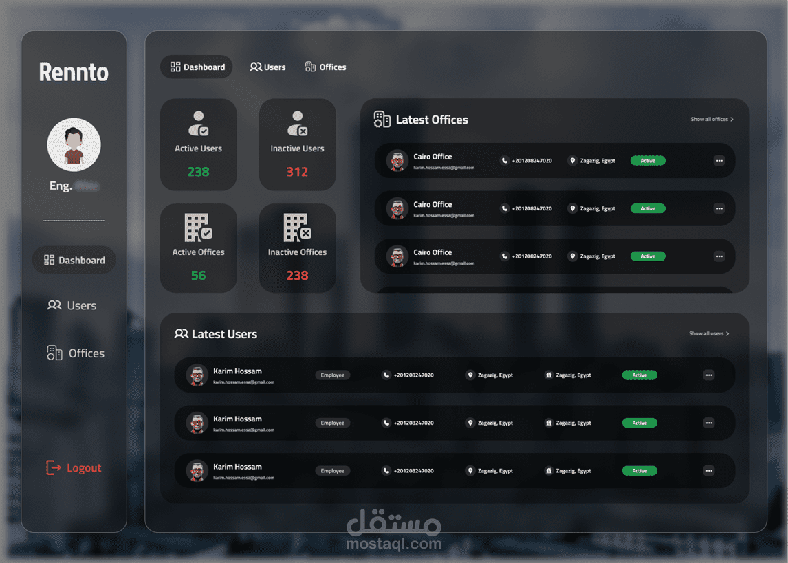 لوحة تحكم إدارية لنظام تأجير العقارات – Rennto