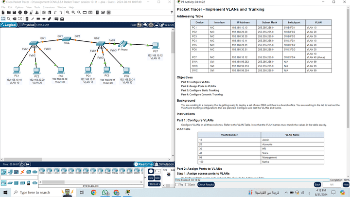 Packet Tracer - Implement VLANs and Trunking