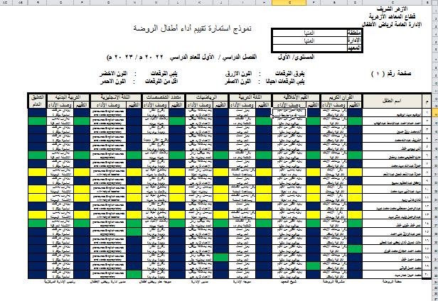 تقييم لونى لروضة مصمم على برنامج Excel