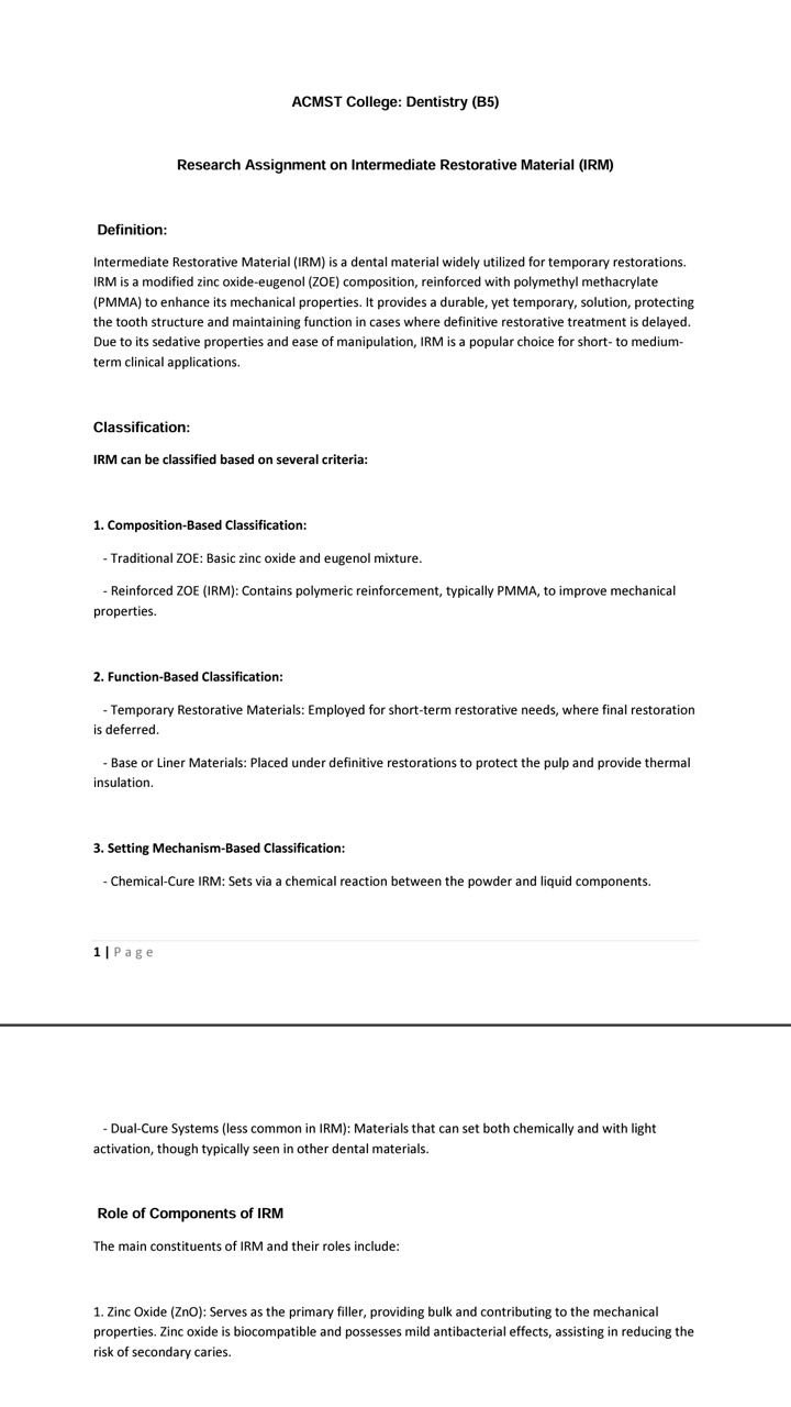 Research Assignment on Intermediate Restorative Material (IRM)