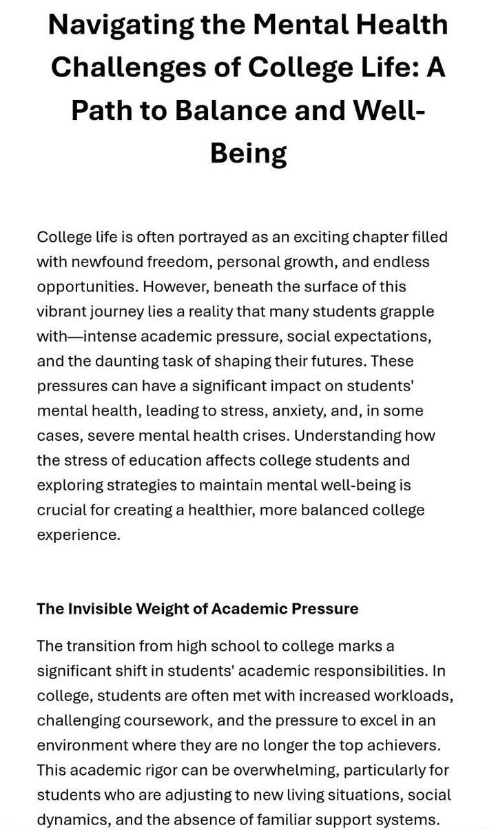 an article about Navigating the Mental Health Challenges of College Life: A Path to Balance and Well-Being