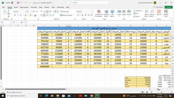 تنظيم excel