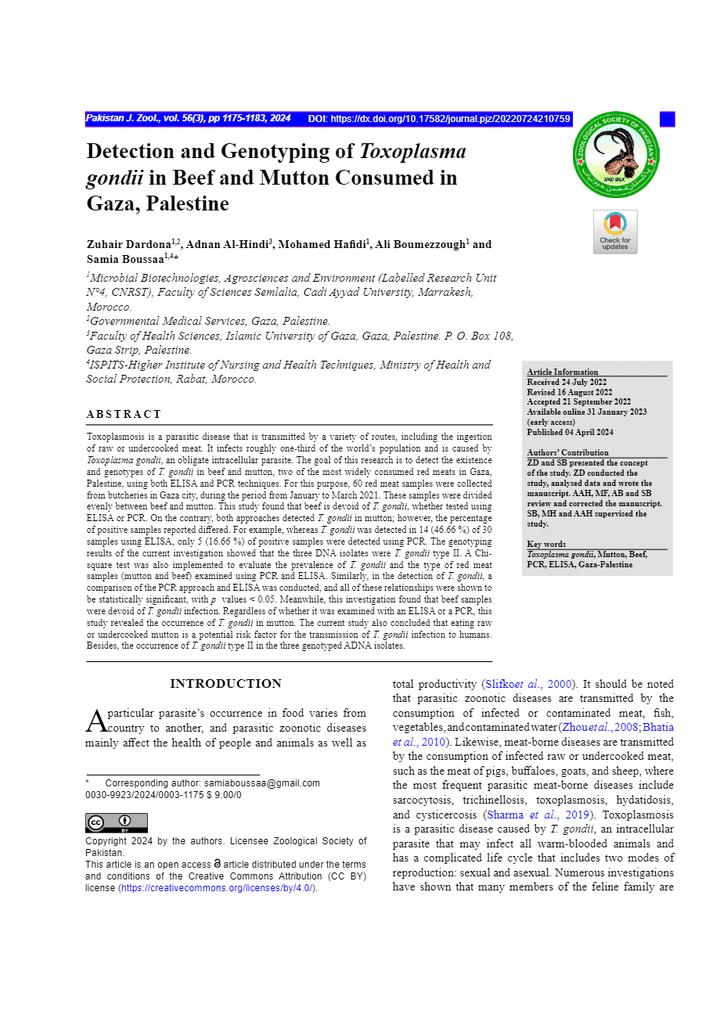 Detection and Genotyping of Toxoplasma gondii in Beef and Mutton Consumed in Gaza, Palestine