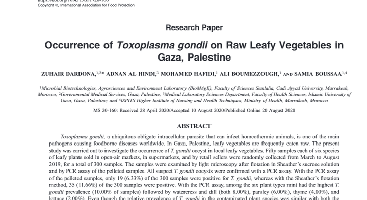 The occurrence of Toxoplasma gondii on raw leafy vegetables in Gaza - Palestine