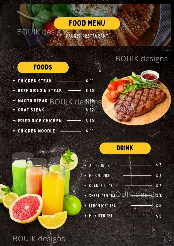 مثال لMenu مطعم