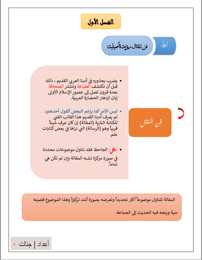 مقالة للصف الثاني الجامعي للغة العربية