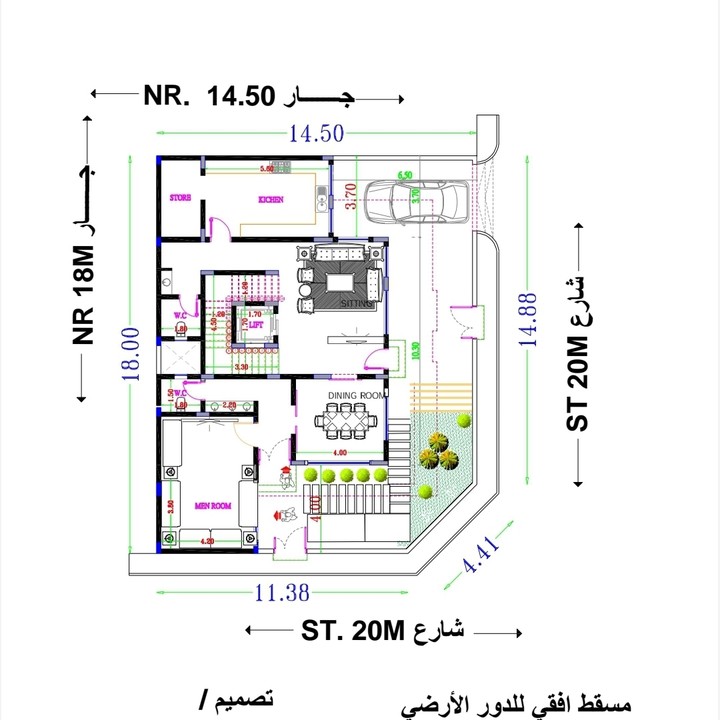 المخططات المعمارية والتنفيذية لفيلا سكنية على شارعين 20 متر