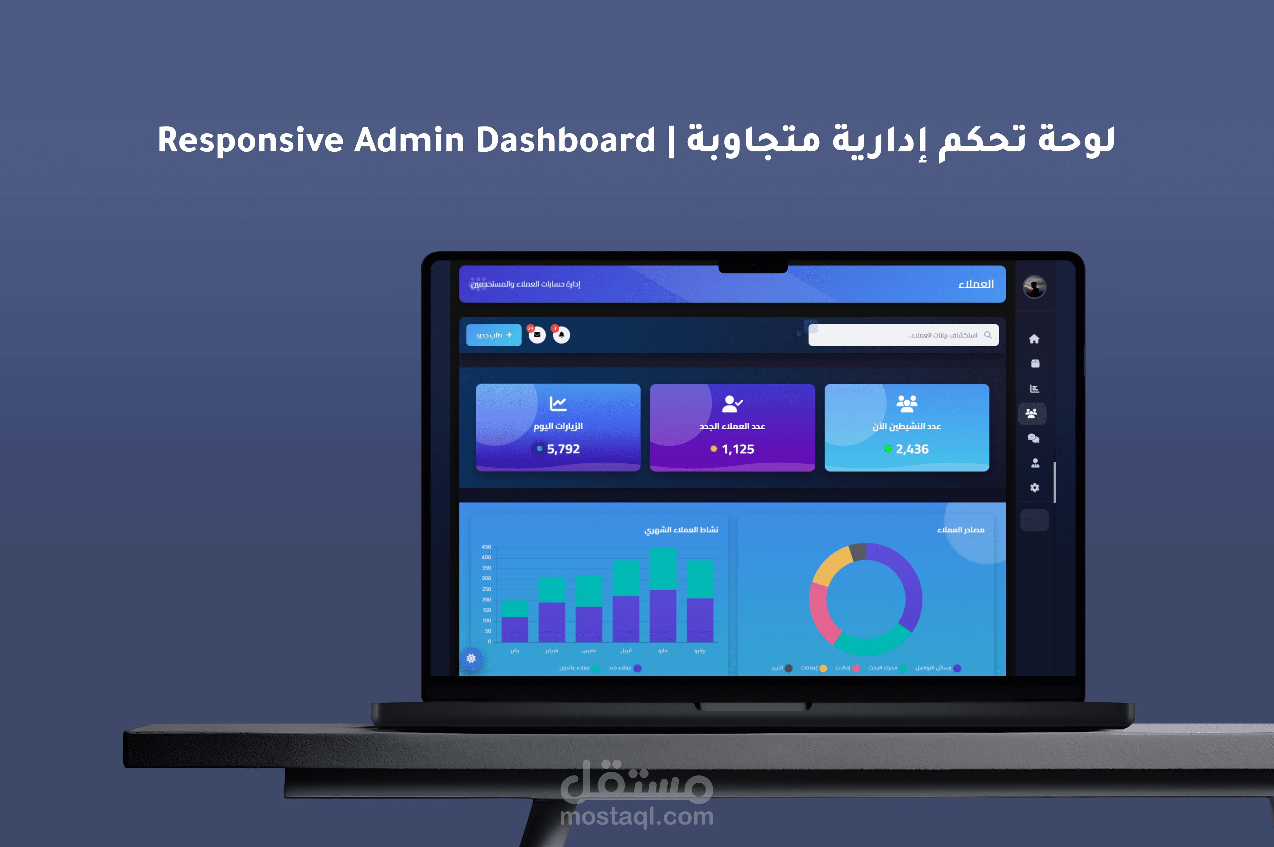 لوحة تحكم أنيقة لإدارة العملاء والموظفين