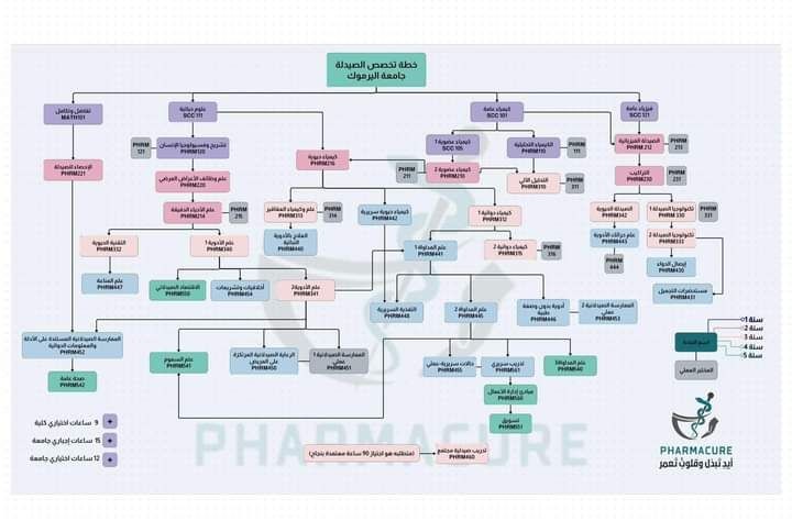 تصميم يظهر تسلسل المواد الدراسية في كلية الصيدلة